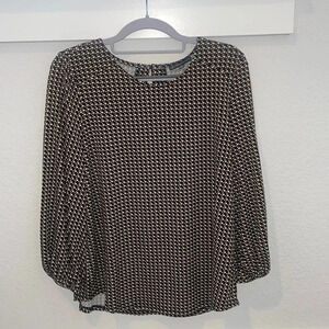 Adrianna Papell Long Sleeved Black & Brown Print Blouse Top Size M